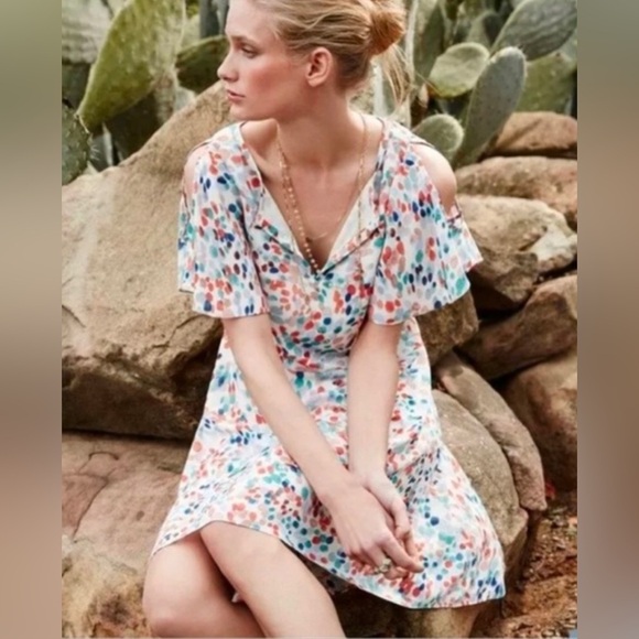 Maeve Dresses & Skirts - Anthropologie Maeve Flutter Sleeve High Low Dress Watercolor Dot Size‎ Small